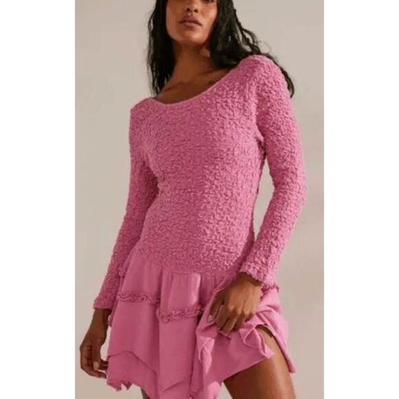 Free People What A Time Textured Long Sleeve Pink Mini Dress XS NWT - Picture 10 of 10